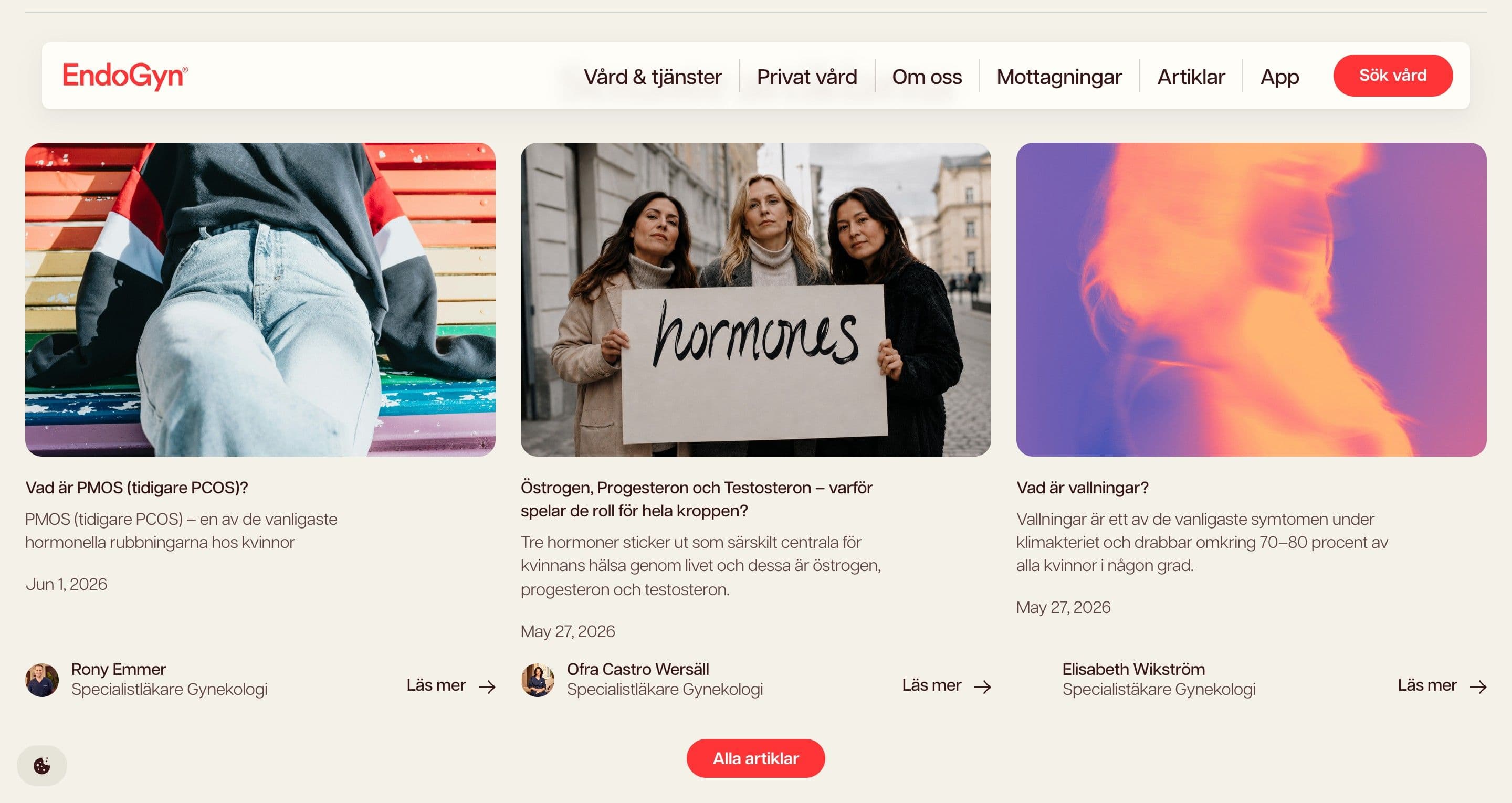 The latest articles on endogyn.se, cards with a woman on a striped bench, a hormones sign and an orange and violet blur