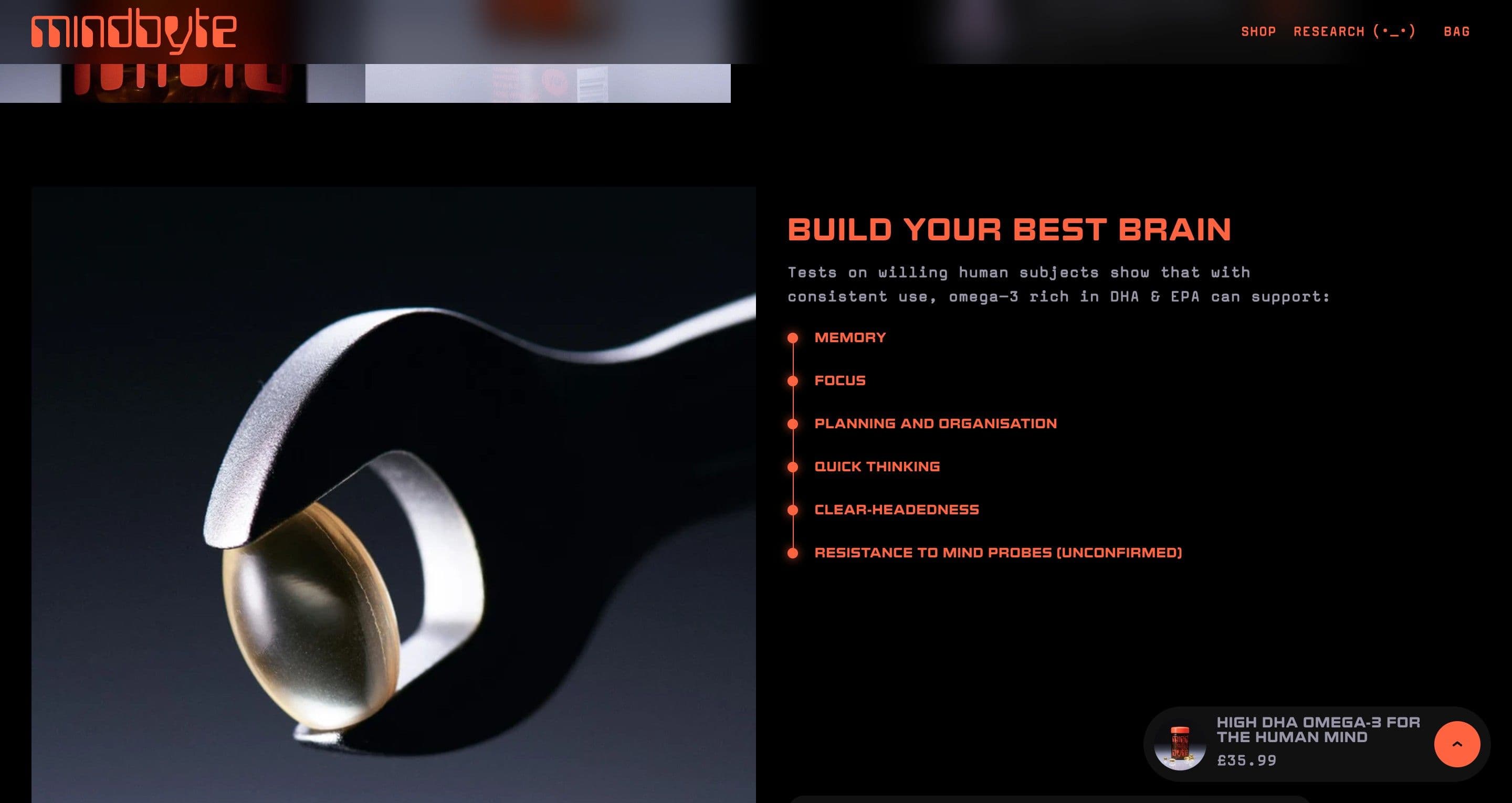 The omega-3 product page on mindbyte.com, a softgel held in chrome tweezers beside build your best brain