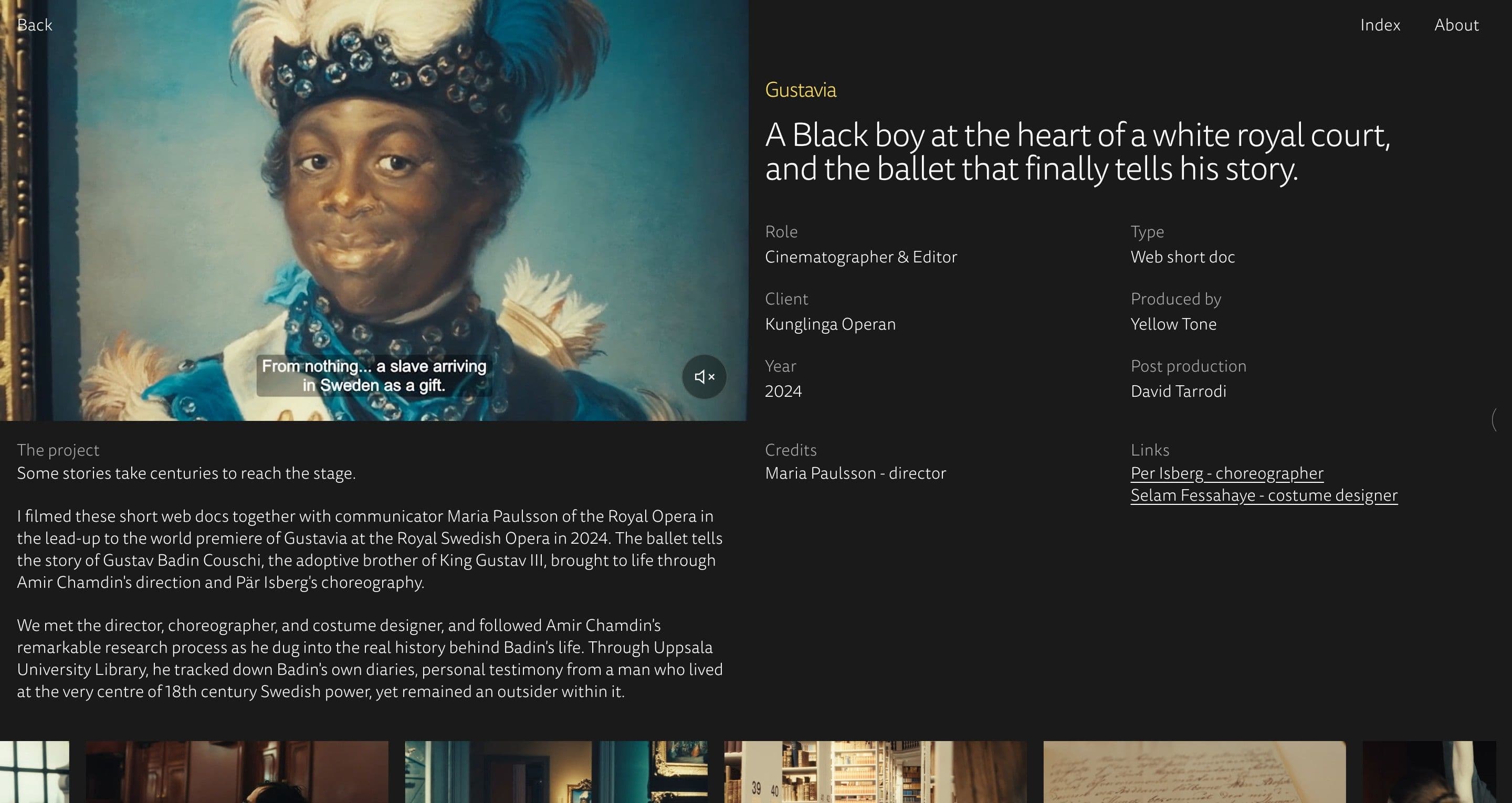 The Gustavia project page on davidtarrodi.se, a painted portrait from the film beside the project title