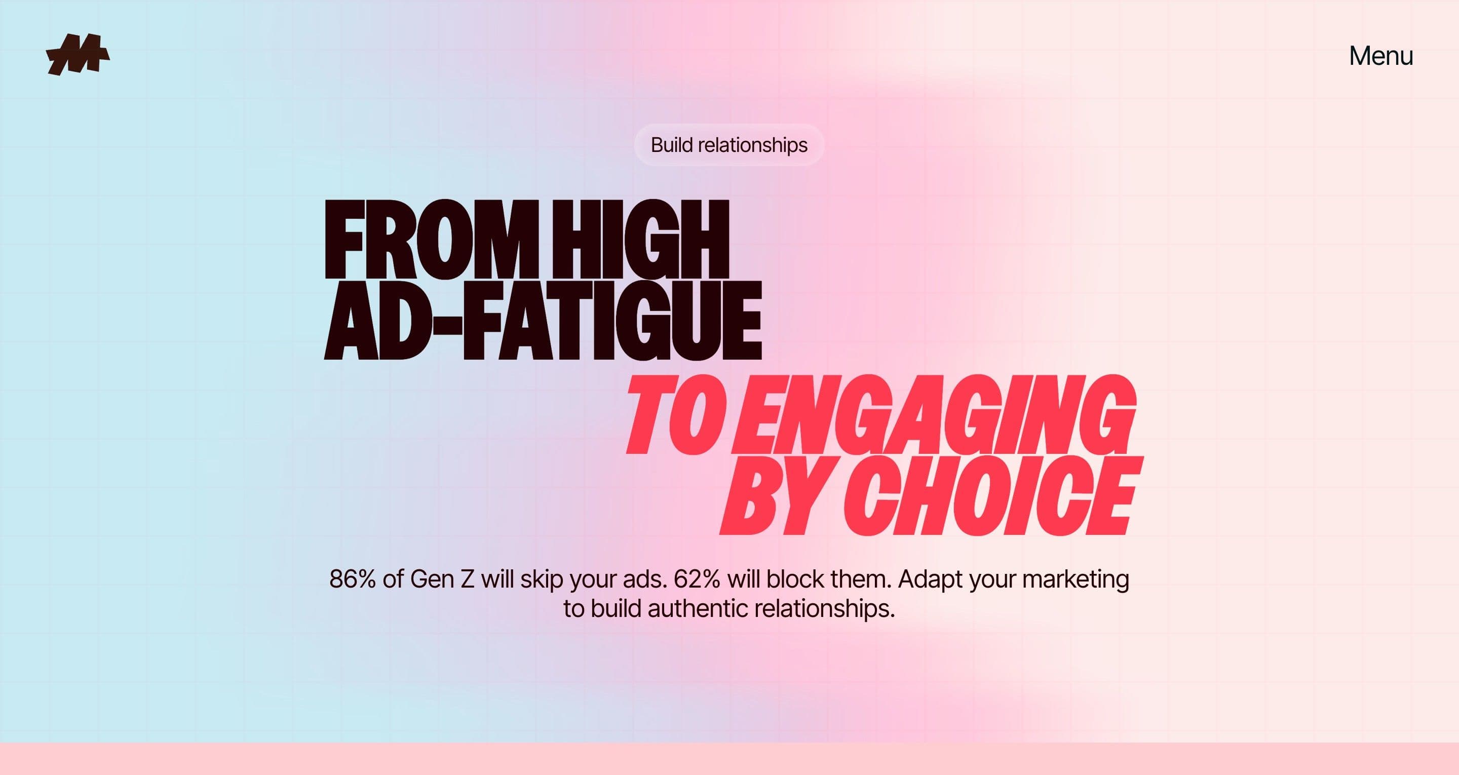 The ad-fatigue section on maddox.gg, a bold two-tone headline over a pastel blue-to-pink gradient