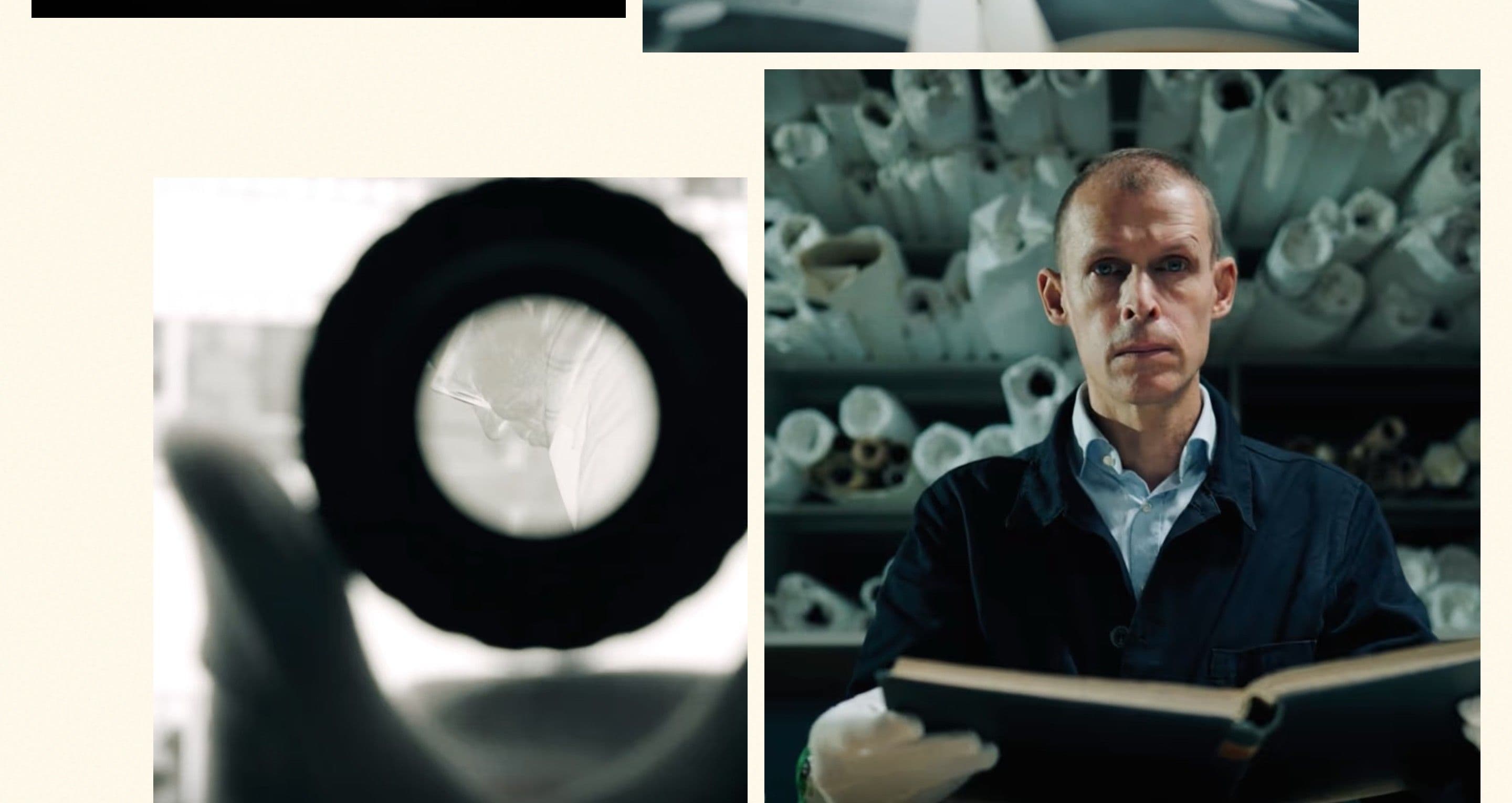 The ArkDes case on studiohugo.se, a lens close-up beside a man holding an archive book among rolled drawings