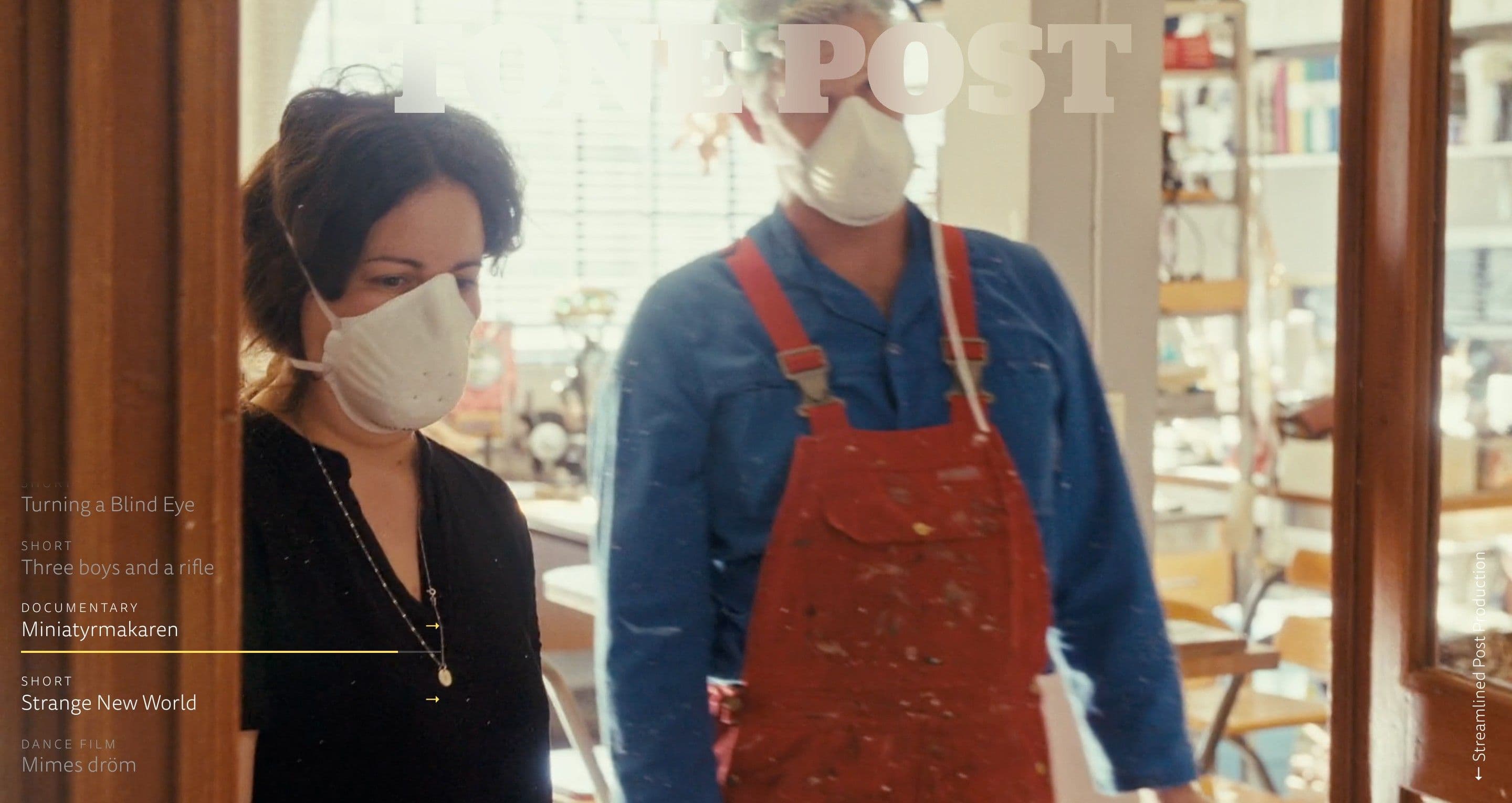 The home page on tonepost.se, with two people in dust masks in a cluttered workshop behind the project list