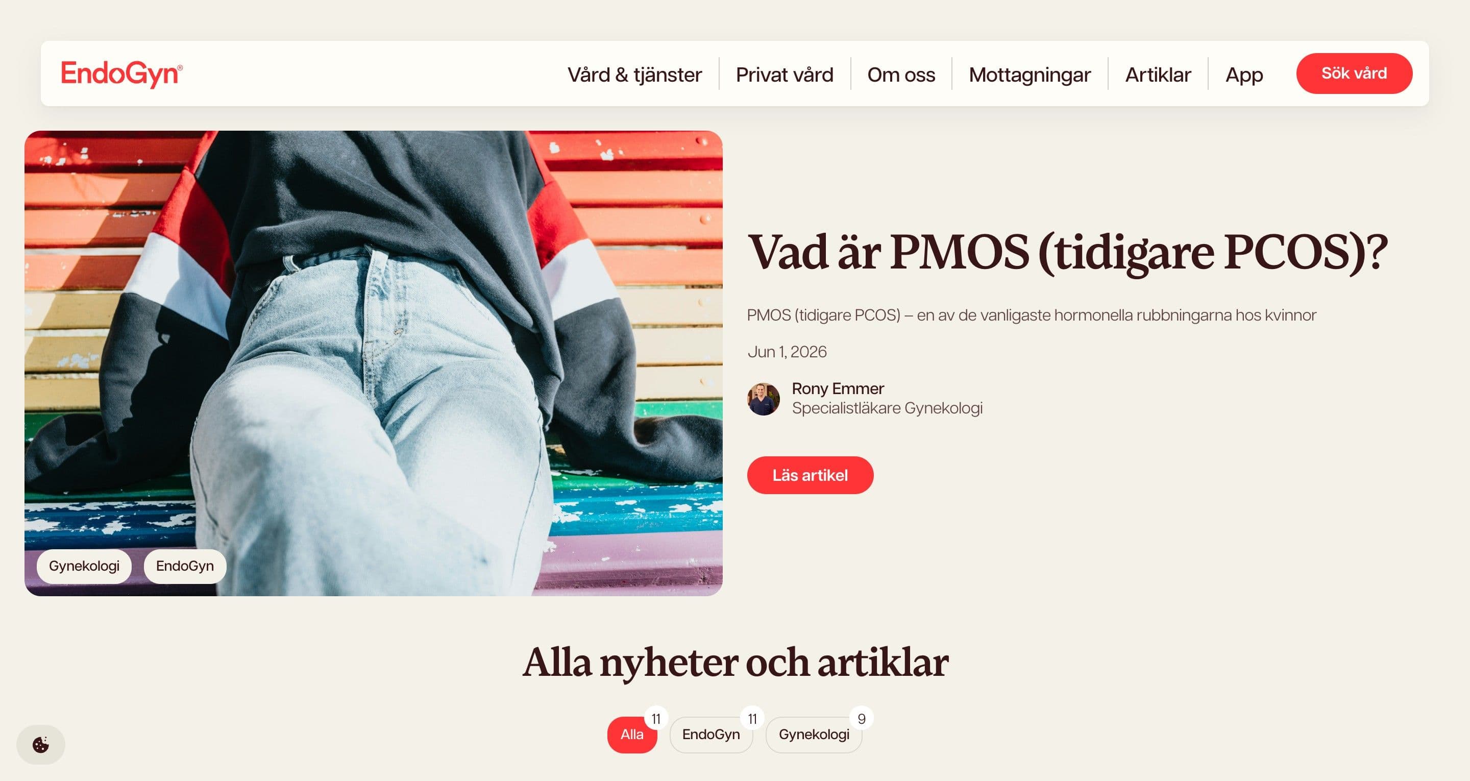 The news page on endogyn.se, a featured article on PMOS with a photo of a woman in jeans on a colourful bench