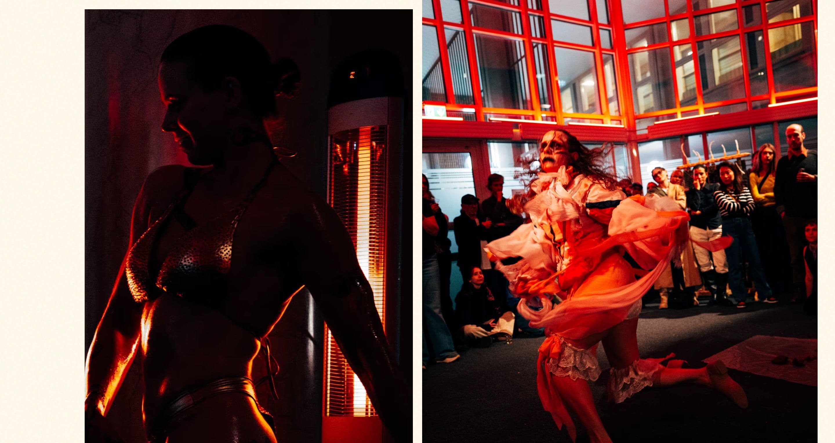 The Kulturstaden gallery on studiohugo.se, a dancer lit in red beside a performer in a flowing dress before a crowd