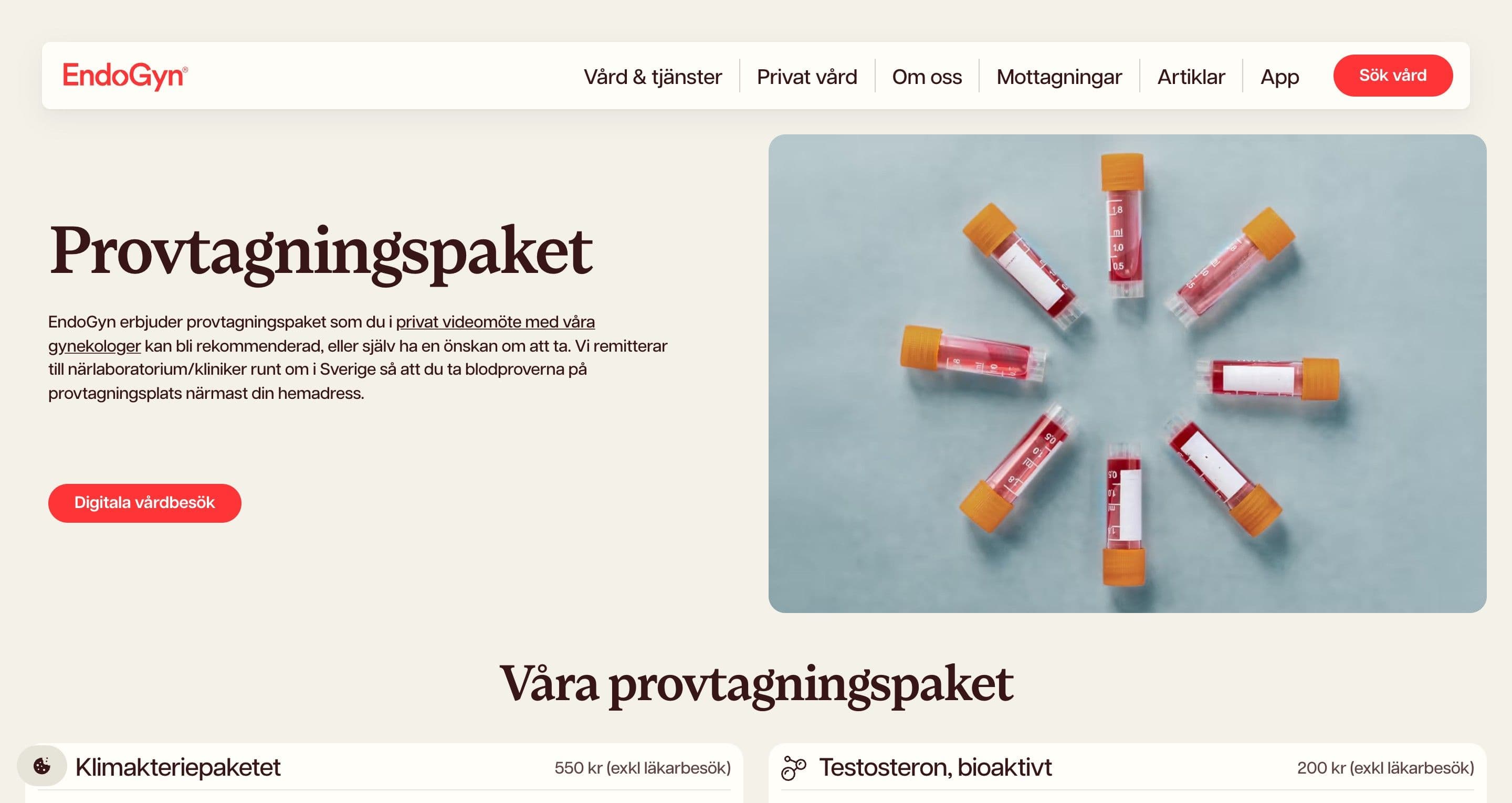 The test packages page on endogyn.se, blood sample tubes with orange caps arranged in a circle on a blue-grey surface