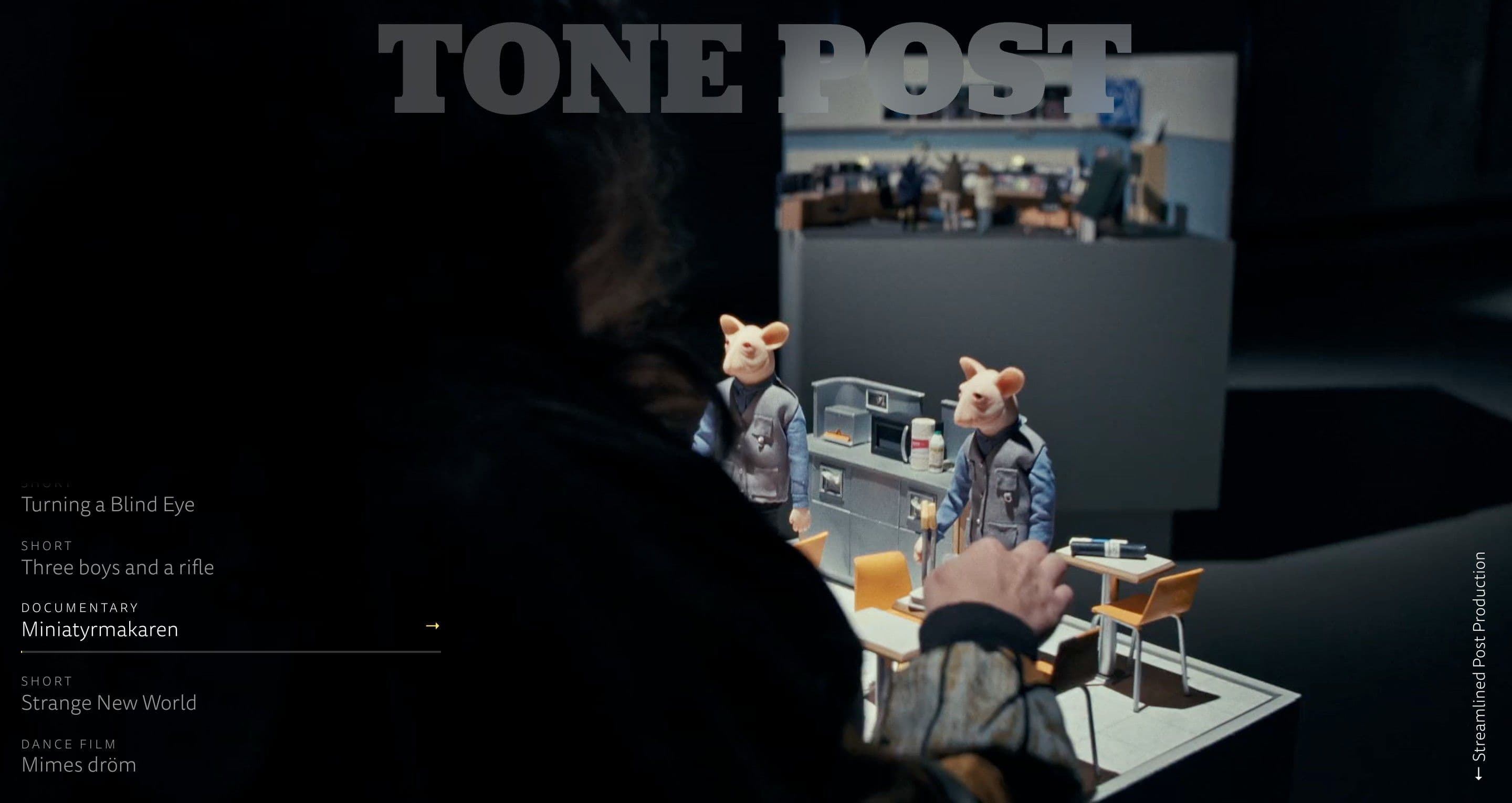 The home page on tonepost.se, with pig-masked figures in a miniature kitchen set behind the project list