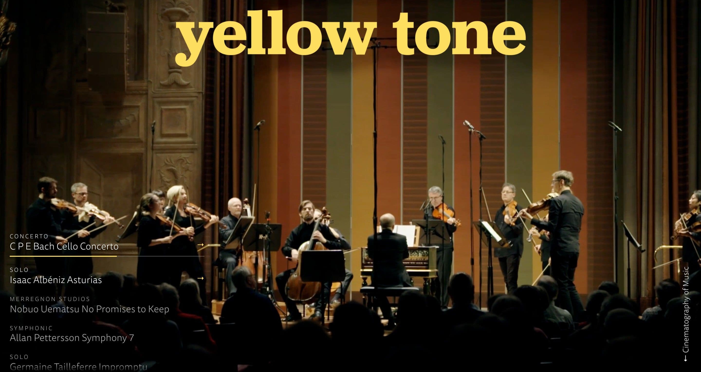 The home page on yellowtone.se, with a baroque orchestra on a stage with striped curtains behind the concert list