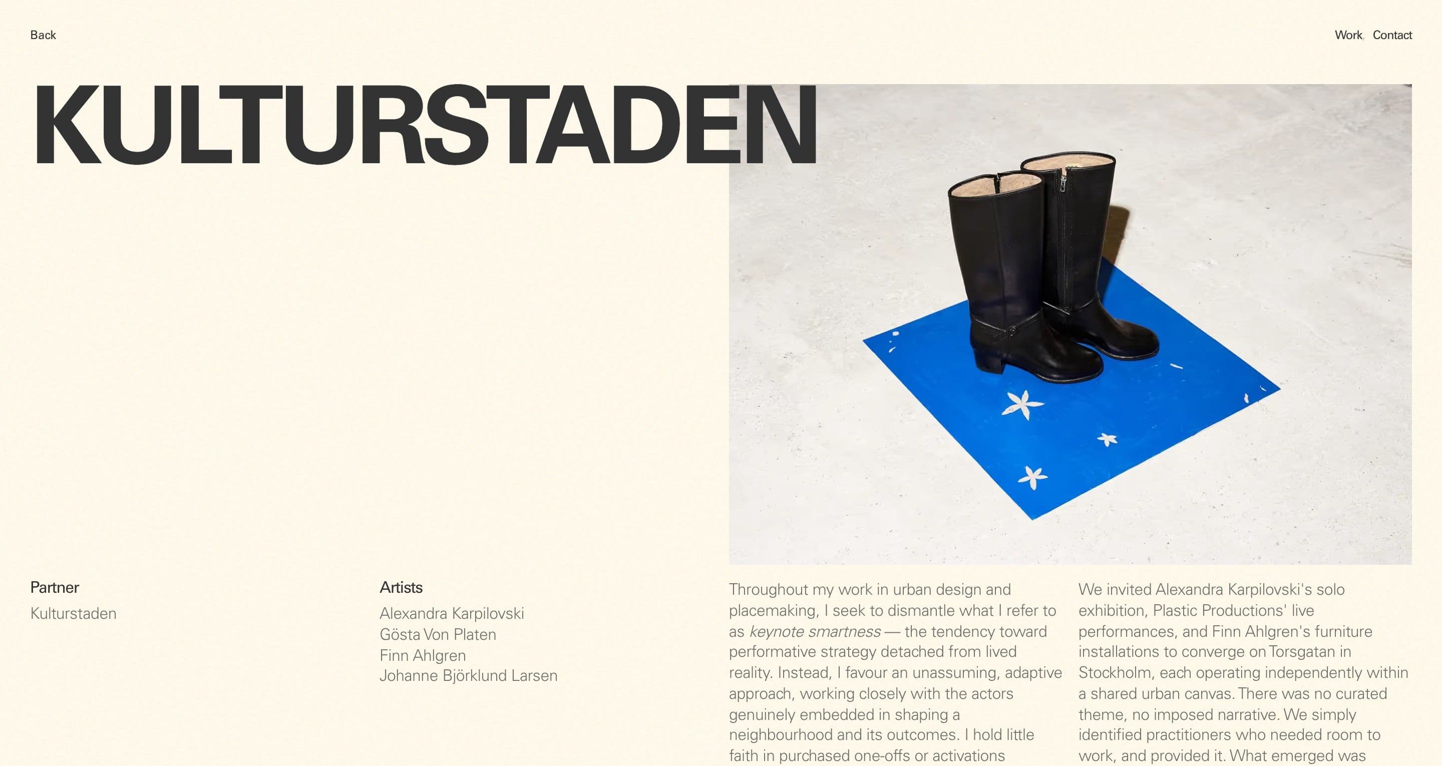 The Kulturstaden case page on studiohugo.se, black boots standing on a blue starred rug