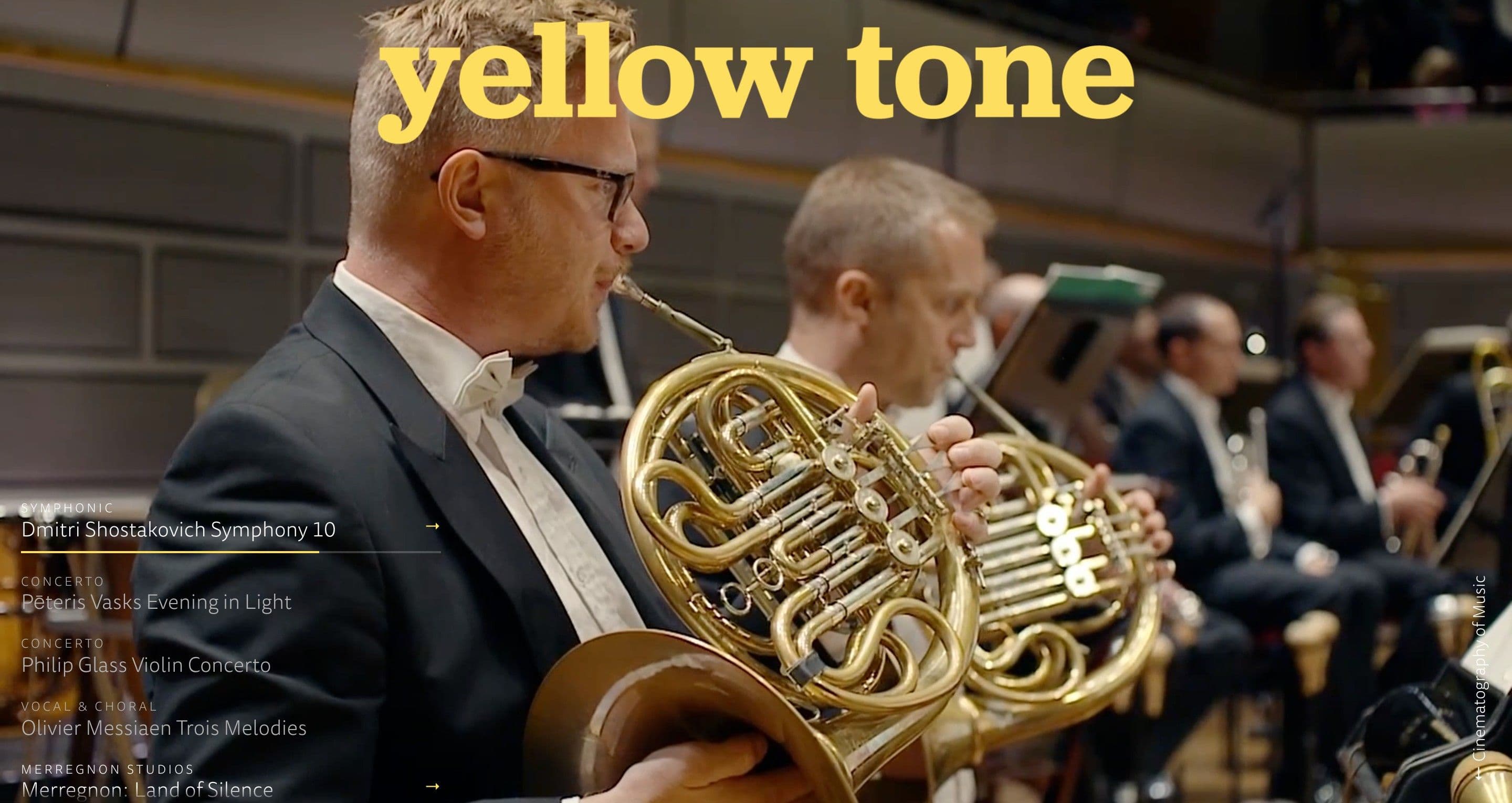 The home page on yellowtone.se, with a horn player in a tailcoat among the orchestra