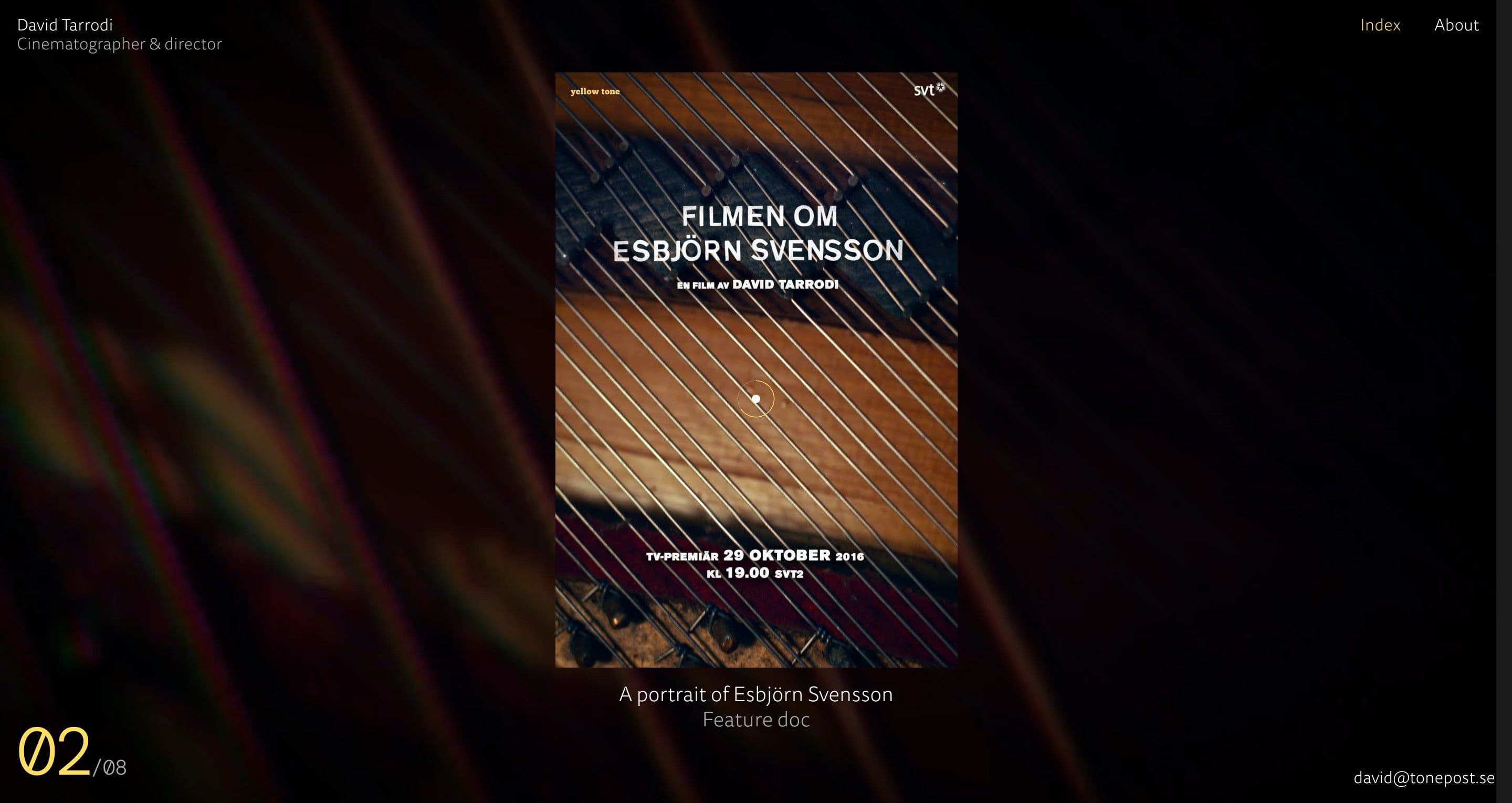 The project slider on davidtarrodi.se, the poster for the Esbjörn Svensson film over a blurred, colour-fringed backdrop